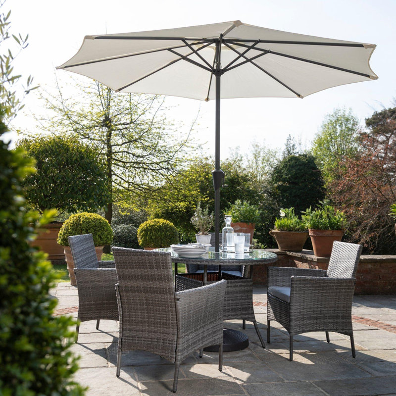 Dubose Patio Dining Set Umbrella Hole Included Round Table with Cushions Included, Grey with Cream umbrella