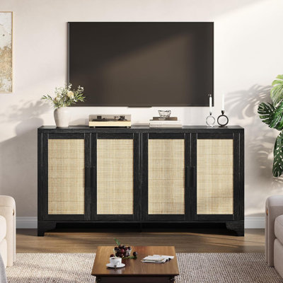 Rattan Sideboard Buffet Cabinet, 62 Inch Storage Cabinet with 4 Doors and Shelves, Modern Farmhouse Accent Table, Wooden Console Table with Storage for Kitchen, Dining Room