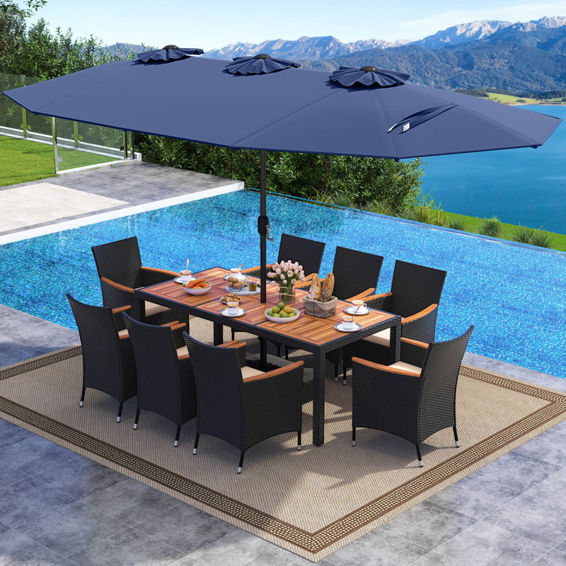 11 PCS Patio Wicker Dining Set with Double-Sided Outdoor Umbrella 8 Stackable Chairs, Beige, Navy
