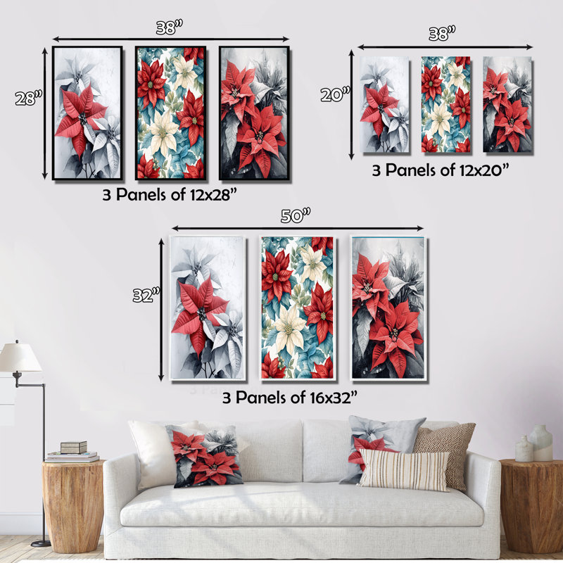 Poinsettia rouge et gris - ensemble de 3 impressions, Toile tendue, H 28 po x l 36 po