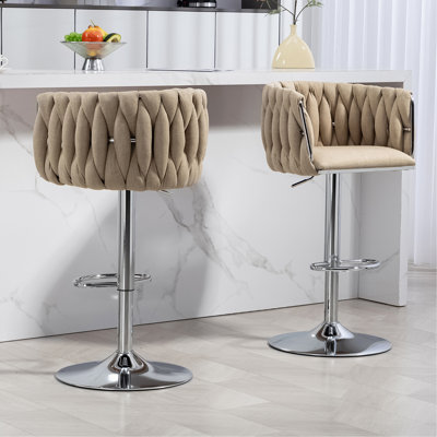 360° Fabric Cover Swivel Bar Stools Set Of 2, Adjustable Counter Height Bar Chairs With Woven Back & Footrest, Silver Chromed  Bar Stools For Kitchen Island, Cafe, Pub