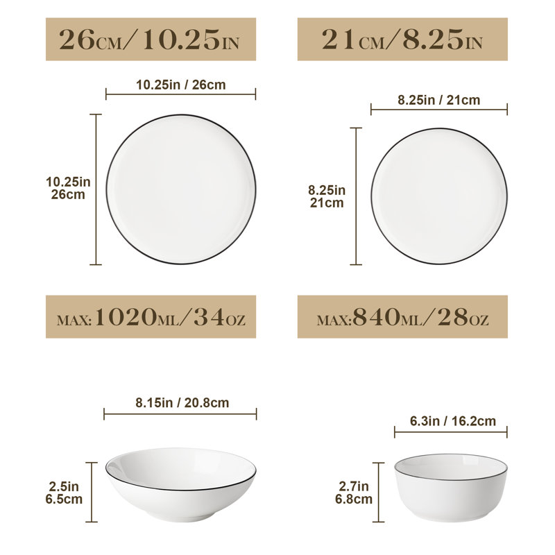 Piece Porcelain China Dinnerware Set - Service for 6, Black/White/Ivory