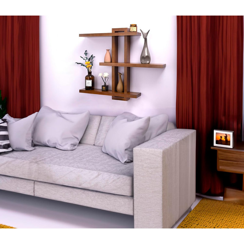 Variable Floating Shelves Wood Set Of 3, Cube Wall Mounted Shelves 28.35" Max, Wall Shelves For Living Room Bathroom Bedroom Farmhouse - Light Walnut Color - 28.35" X 23" X 4.3" Max