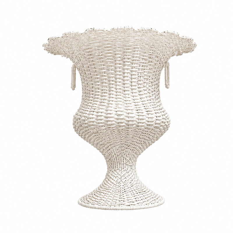 White Round Scalloped Wicker Urn