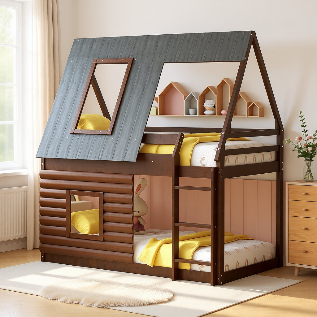 Ophelia & Co. Twin Size Wood House Bunk Bed with Roof, Ladder & 2 ...