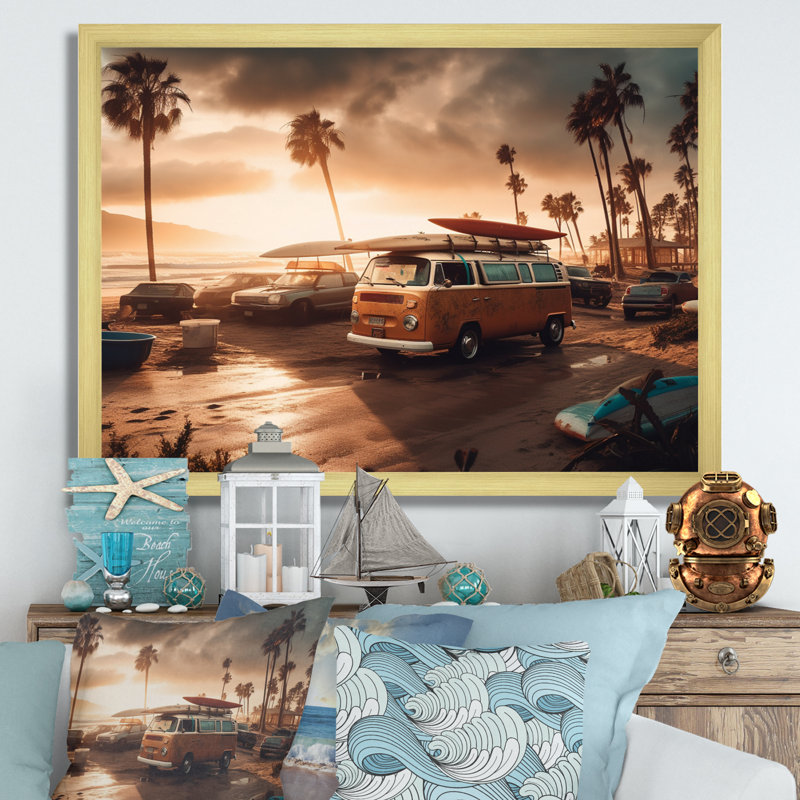 «Beachside Camping III - Modern Beach», reproduction d'art murale en bois, H 12 po x l 20 po x P 1 po, Encadrement doré