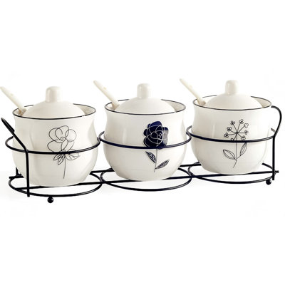 Ceramic Spice ， Sugar Jars, With Lids Spoons And Shelf,Porcelain Condiment Kitchen Jar Spice Container Set, 230 ML