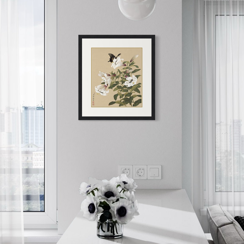 Butterfly Alighting on Lilies by Yu Zhi - Single Picture Frame Print, 13.5" H x 17.5" W