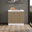 Évier utilitaire autoportant avec robinet en plastique et comptoir intégré, armoire naturelle + blanche pour garage, deux tablettes intérieures avec poignées en métal, nettoyage de cuisine de style moderne, rapide