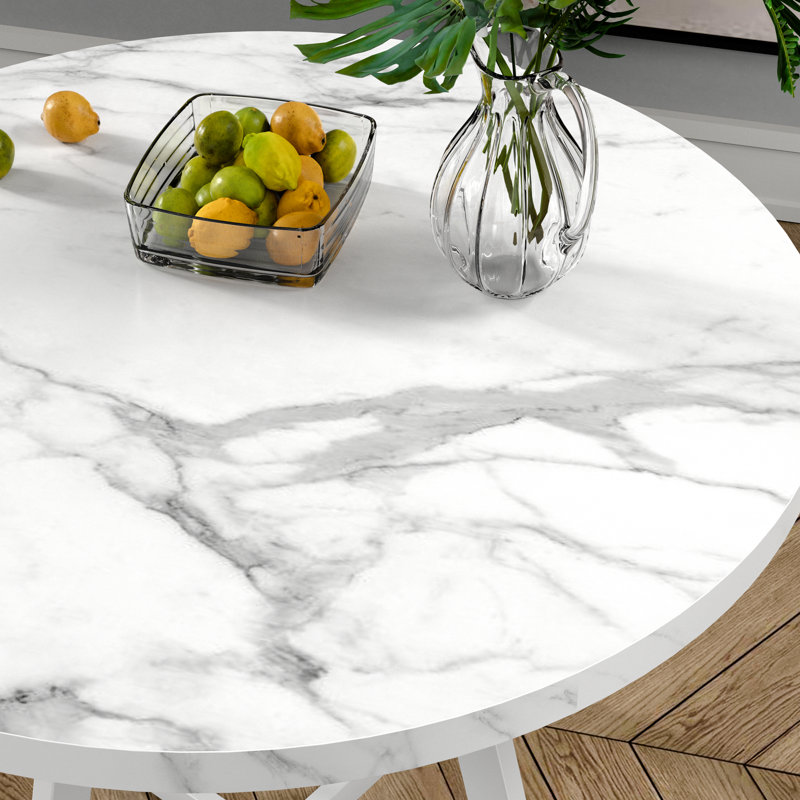 Petite table de salle à manger 30 pouces en marbre blanc pour 2 personnes, Blanc / marbre blanc