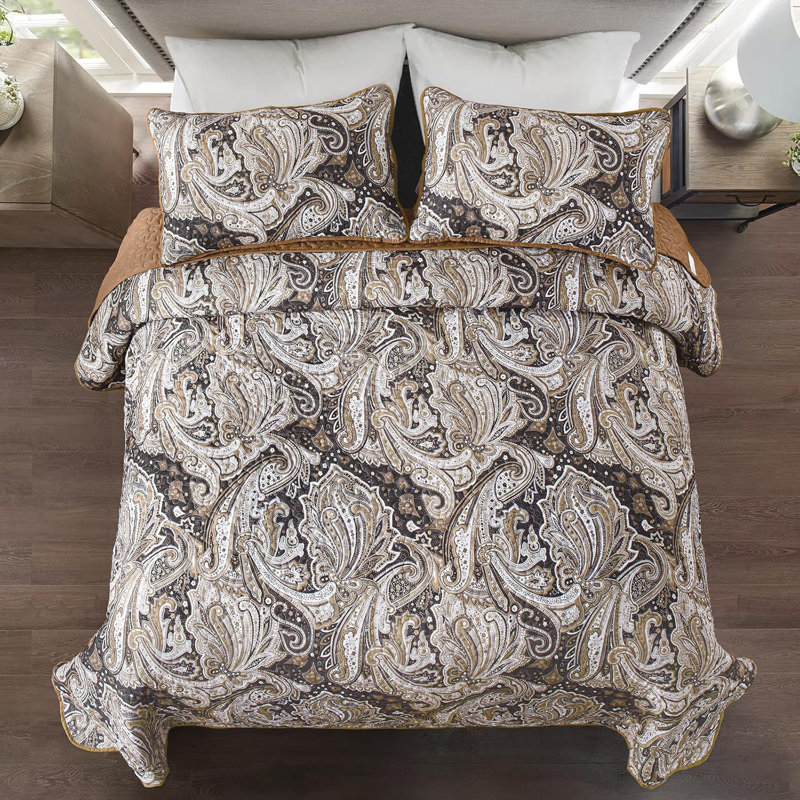 Ensemble de courtepointe 3 pièces à motif cachemire et couvre-lit Boho, Courtepointe très grand et 2 très grandes taies, Brun