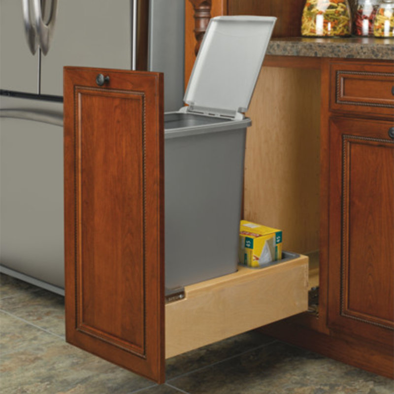 White Plastic Single 35 Qt Pull-Out Trash Bin with Maple Wood Frame