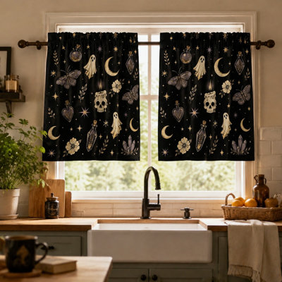 2Pcs Witchy Celestial Butterfly Skull Ghost Pattern Curtains, Gothic Vintage Moon Star Potion Print Rod Pocket Window Drapes for Living Room Bedroom Kitchen Decor