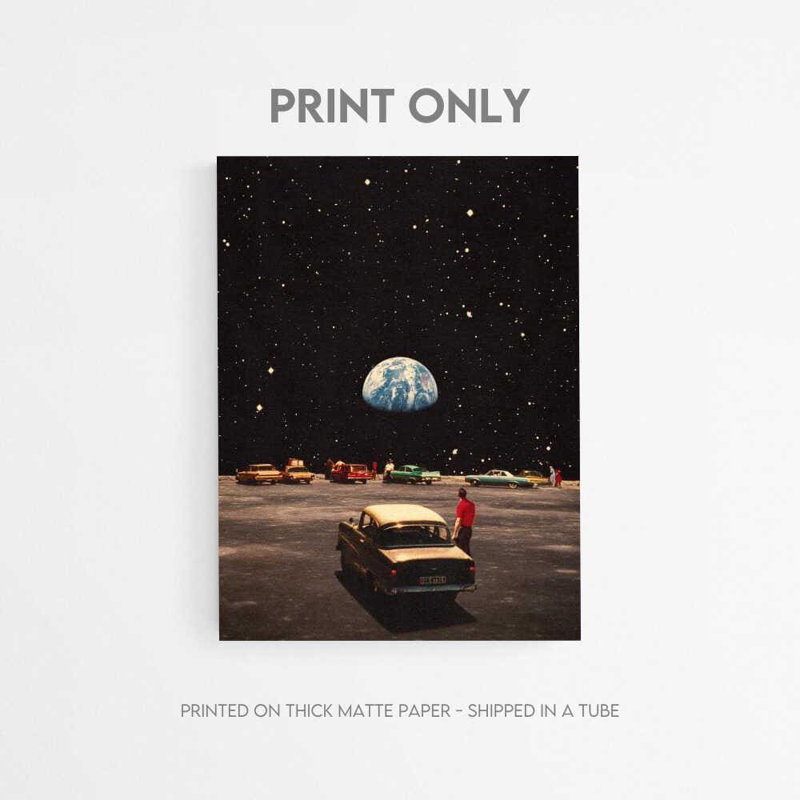 Rétro collage de l'espace - affiche de paysage de lune de voiture rétro avec la terre, H 32 po x l 24 po, Brun