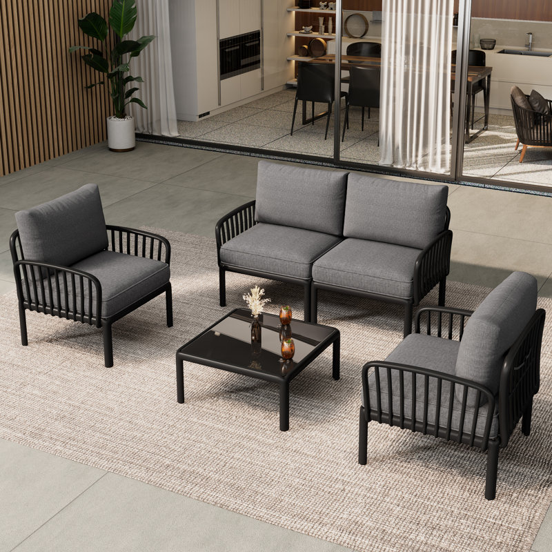 Bates Outdoor Conversation Set With Cushions, Dark Gray/Black, Table, 2 Armchairs, Loveseat 