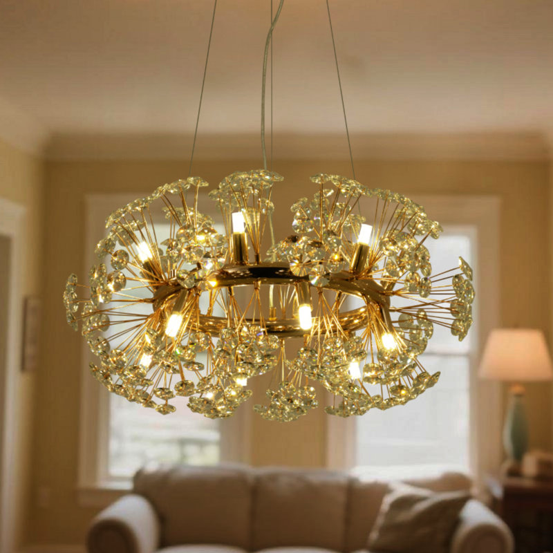 Plafonnier - lustre en cristal de forme pissenlit doré - cristal K9 de haute qualité / base G9 / commande murale / longueur réglable