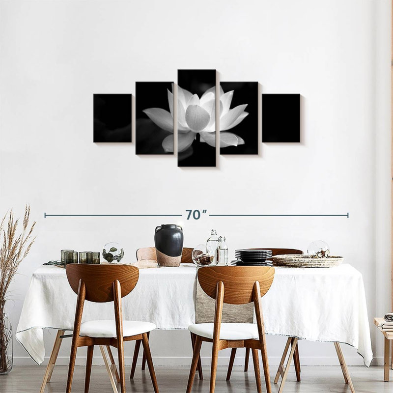 Ensemble de 5 pièces fleurs de lotus monochromes sur toile, H 24 po x l 55 po x P 1,25 po
