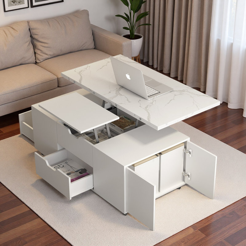 Table basse relevable moderne avec 2 tabourets, rangement caché, tiroirs et table pliante