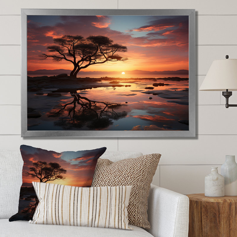 Coucher de soleil harmonie en Afrique - art mural sur toile Sunset, Cadre photo argenté, H 34 po x l 44 po x P 1,5 po