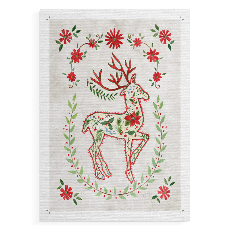 Christmas Folk Reindeer - Impression sur toile seulement - NON CADRE, H 27 po x l 18 po