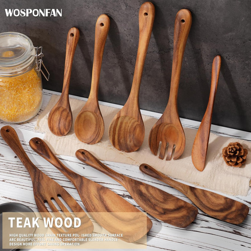 Ensemble d'ustensiles de cuisine en bois de teck fait à la main, ustensiles de cuisine 9 pièces avec cuillères, spatule et cuillère rainurée, durable et écologique pour les cuisines modernes