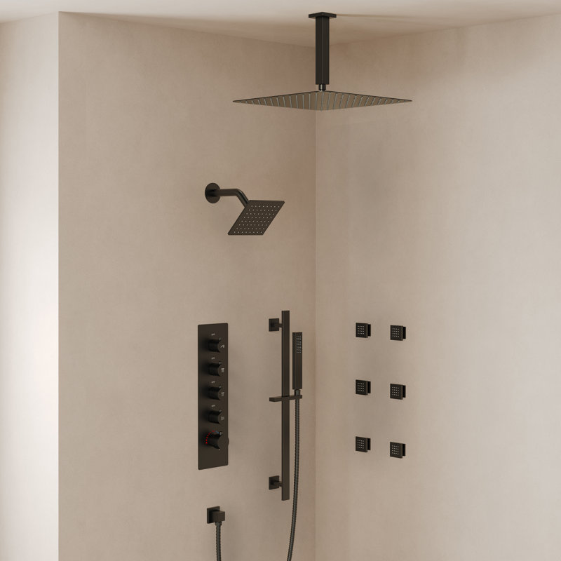 Ceiling Mount 16" High-Pressure Rainfall Shower Faucet, Dual Rainfall Shower Head System with Thermostatic Valve, Matte Black