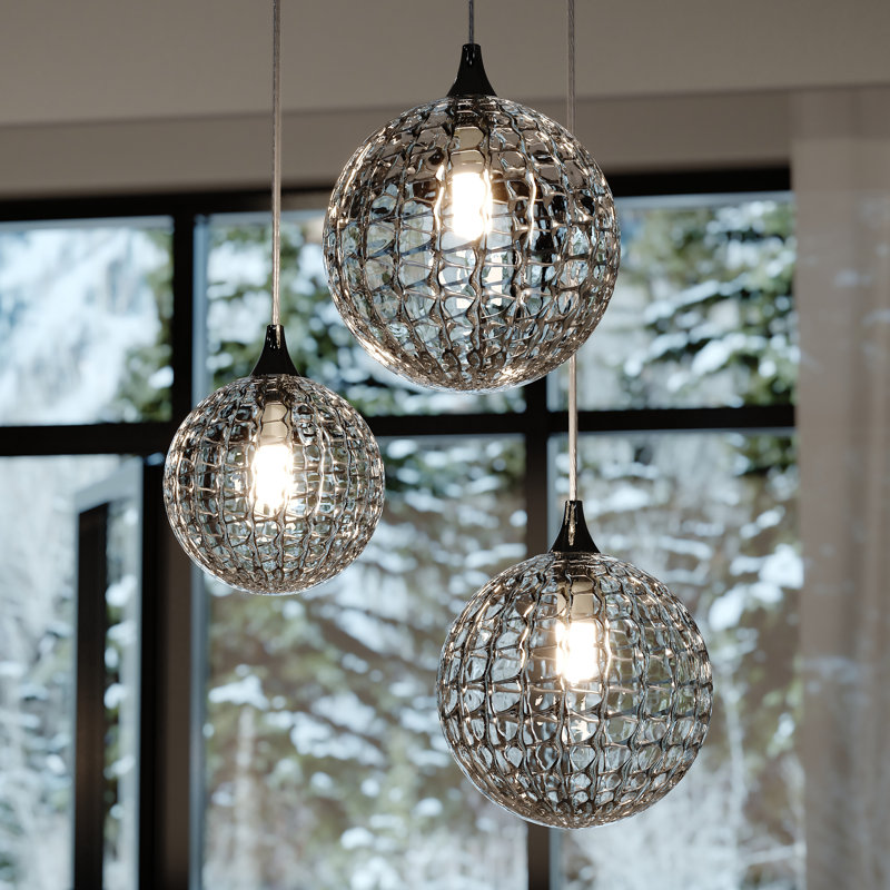 Breeze 3‑2M 1S Light Hand‑Blown Webbed Glass Globe Chandelier GREY, Chrome