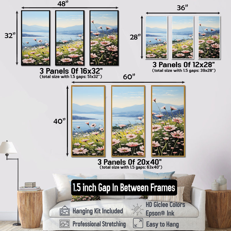 Zinnias Charm In Mountain - Ensemble de décorations murales Zinnias, Cadre flottant noir, H 32 po x l 48 po x P 1 po