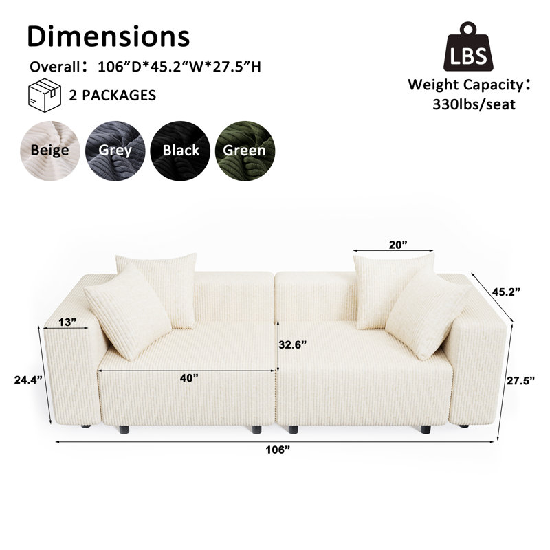Canapé modulaire modulaire avec méridienne, très grand canapé minimaliste avec sièges profonds, Blanc