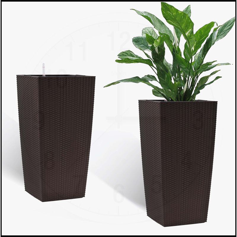 Pot à fleurs carré intérieur / extérieur moderne en faux rotin, 30 po, Brun