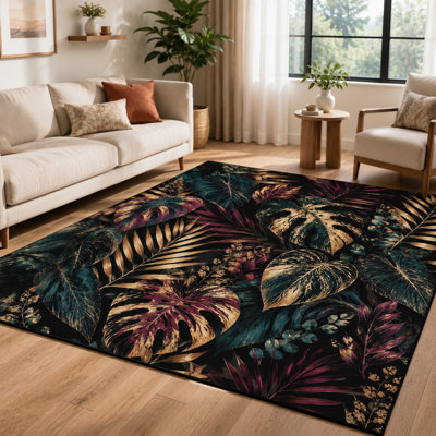 1 pièce de conception botanique à feuilles tropicales - esthétique sombre, accents vert luxuriant et or, motif de plante artistique, tapis d'intérieur, entretien facile, velours pelucheux durable, envers antidérapant pour le salon, la chambre à coucher, la salle à manger, le couloir pour la maison