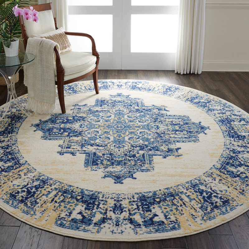 Burnie Oriental Blue/Ivory Area Rug, Round 5'3"