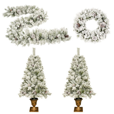 Ensemble de 4 pièces de Noël artificiel pré-éclairé, guirlande, couronne et ensemble de 2 arbres d'entrée avec lumières DEL, arbre de Noël