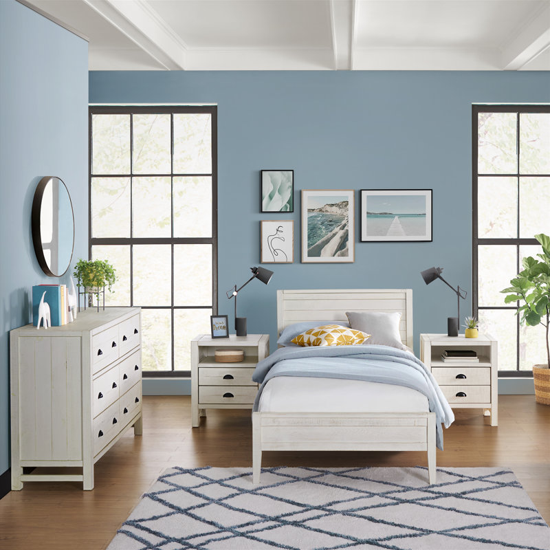Ensemble de chambre à coucher 4 pièces Windsor avec lit simple à lattes et commode 6 tiroirs Windsor, Blanc, Simple