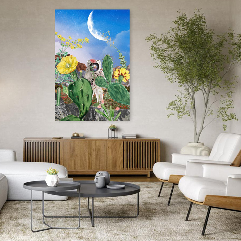 Art contemporain rétro, fleur de cactus abstrait, H 48 po x l 32 po