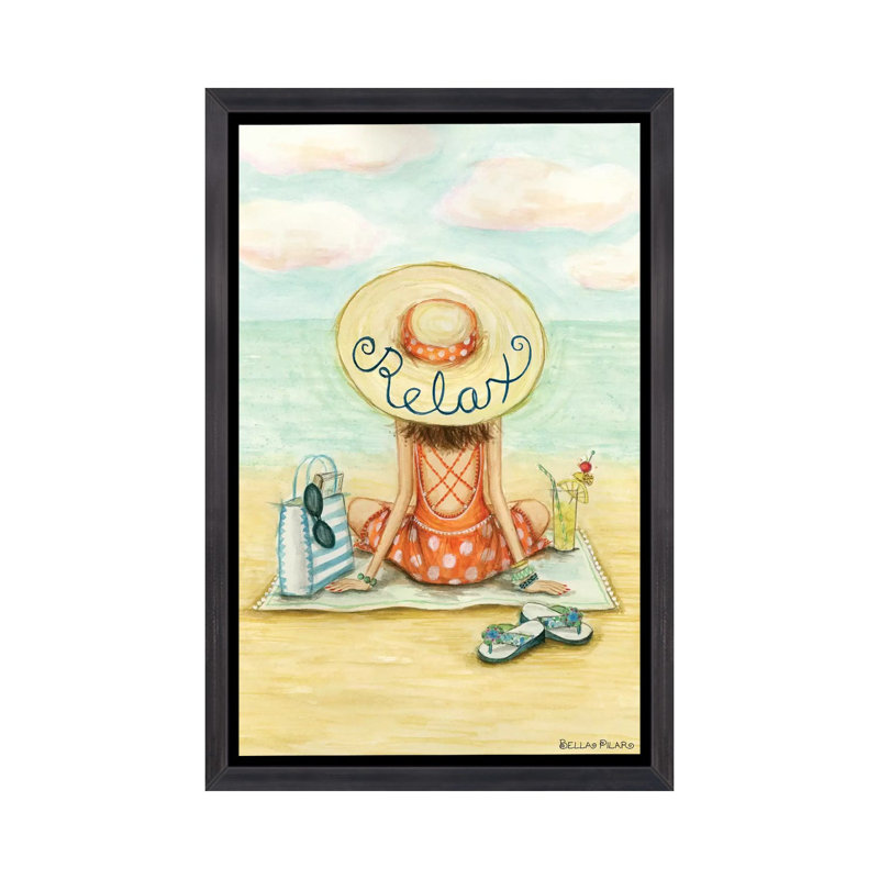 «Relaxing on Beach Relax Hat» par Bella Pilar, impression, H 26 po x l 18 po x P 1,5 po, Toile avec cadre noir patiné