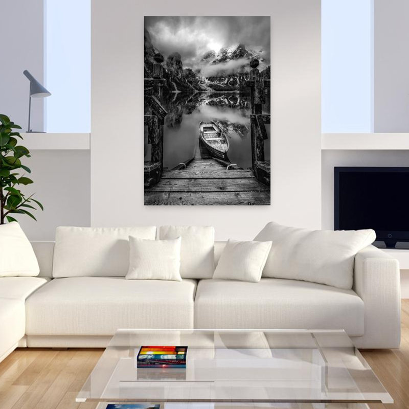 Lac dans la montagne, art mural contemporain, 48" H x 32" W