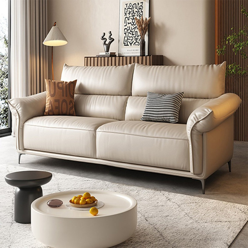 Causeuse-coussin standard en cuir véritable blanc crème, 37.4" H x 74.8" W x 39.37" D, Blanc / crémeux