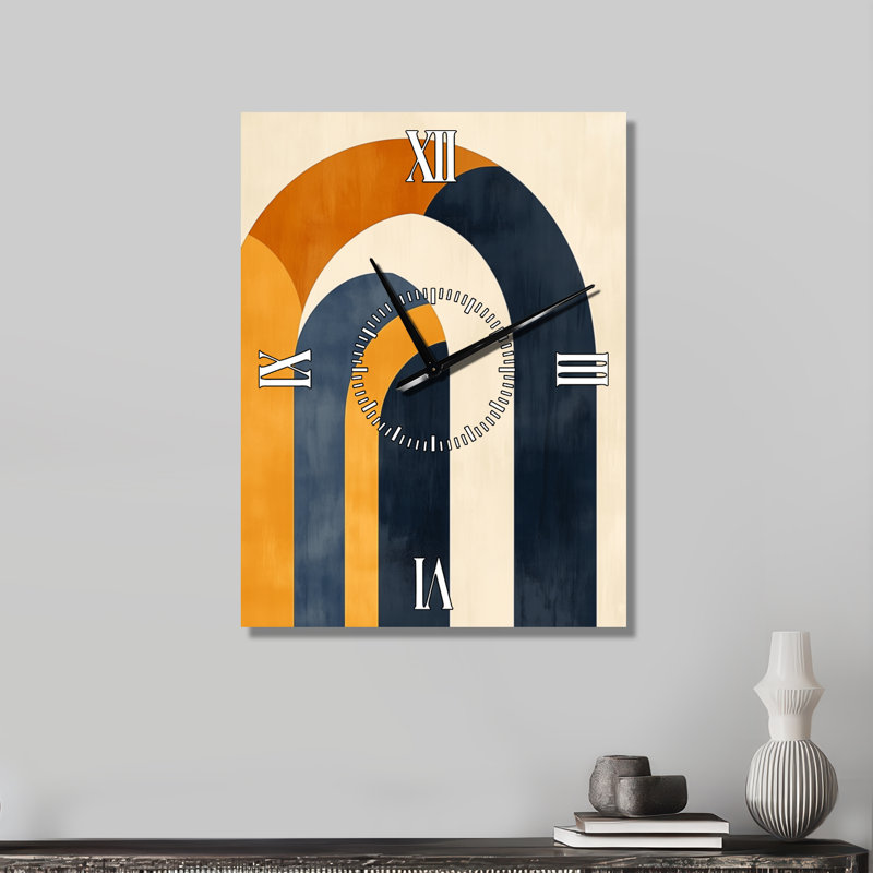 Horloge murale en métal de style Mid-Century, motif arc audacieux, couleurs moutarde et bleu - Impression sur métal