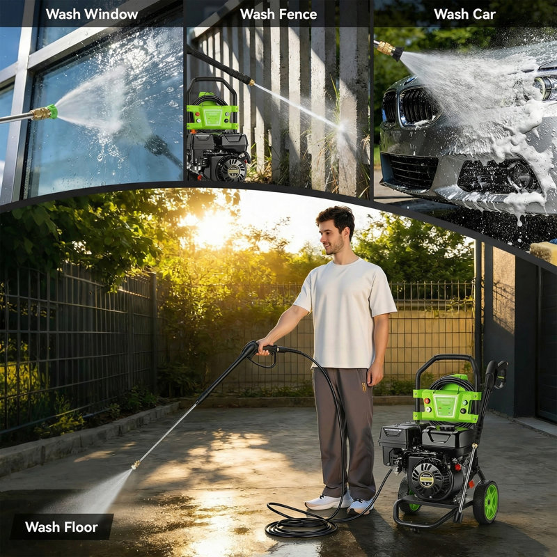 4200PSI Commercial Gas Pressure Washer, 2.4 GPM Residential Power Washer, 209CC,  7.0HP,  Cold Water, 25' Hose, Clean Machine, Onboard Soap Tank, Spray Gun and Wand, 4 Nozzle Set, for Cars/Fences/Driveways/Homes/Patios/Furniture