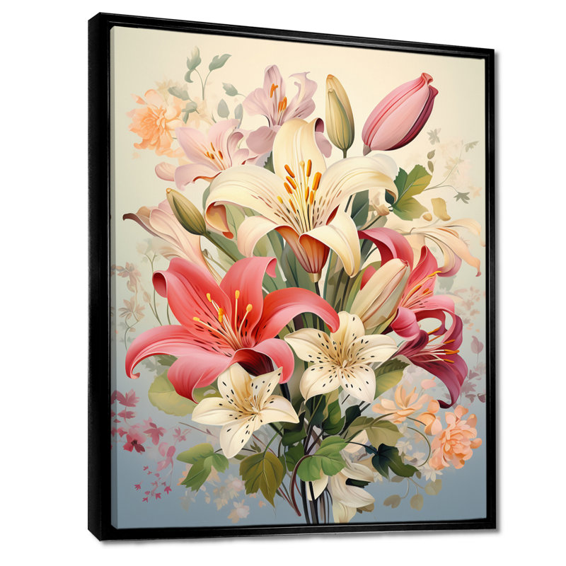 Bouquet de fleurs de lys roses et rouges - art mural Lily, Cadre flottant noir, bois massif, H 20 po x l 12 po