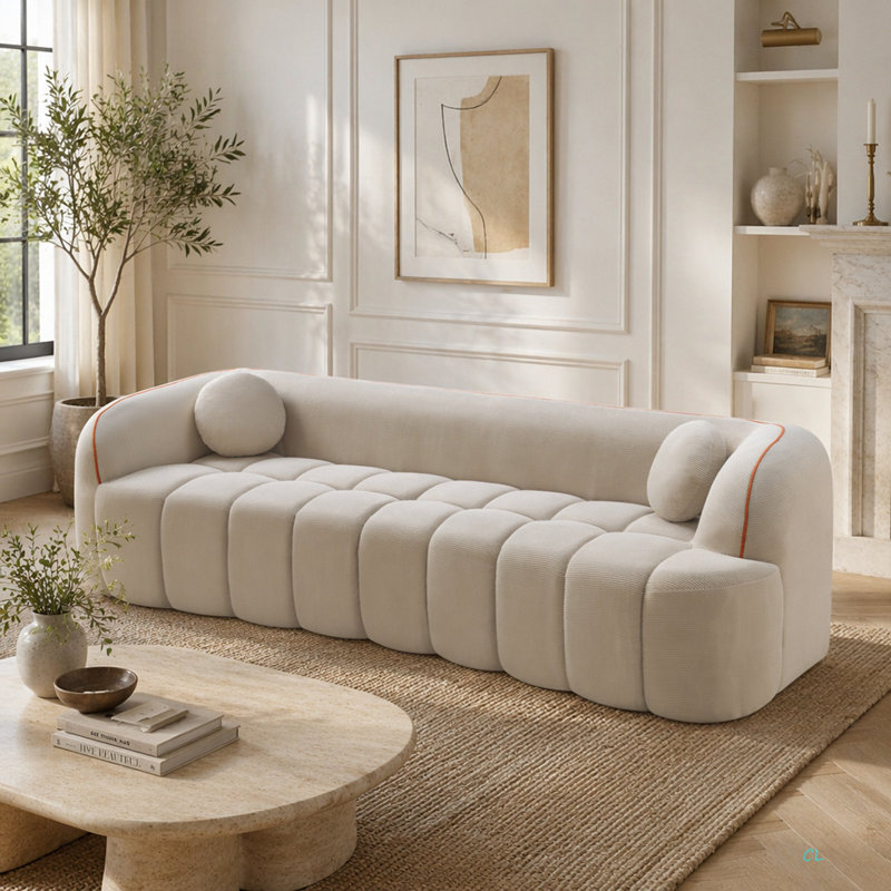 Canapé 98,4 po moderne compressé, canapé 3 places en velours côtelé Cloud Couch, aucun assemblage requis, canapé capitonné avec 2 coussins Bubble Channel, siège profond confortable pour salon, appartement, bureau