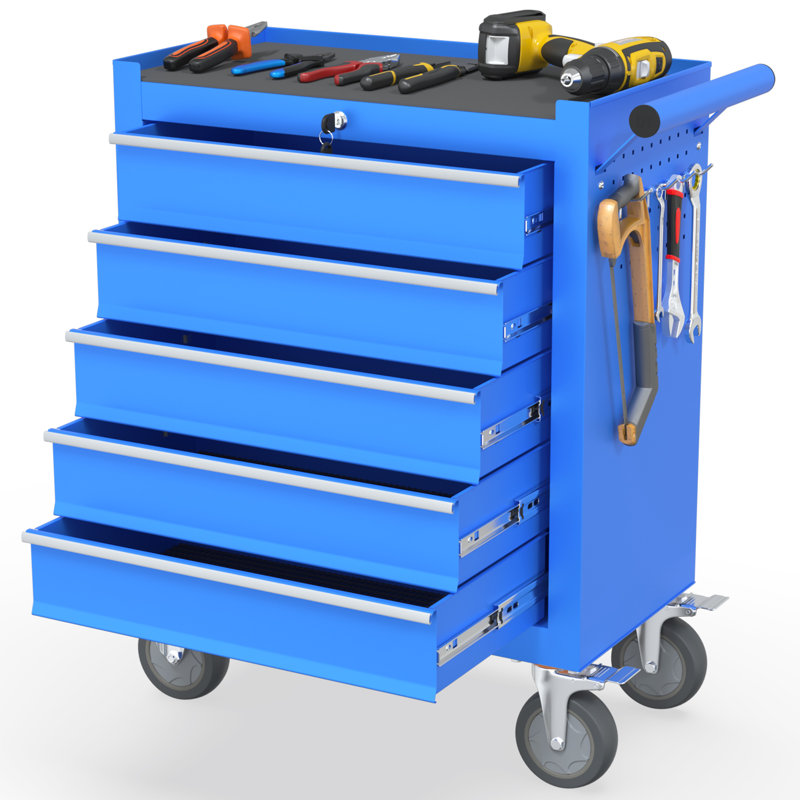 Heavy-duty Tool Cart & Worktable With 5 Drawers, Locking Casters, And Non-slip Mat, Blue