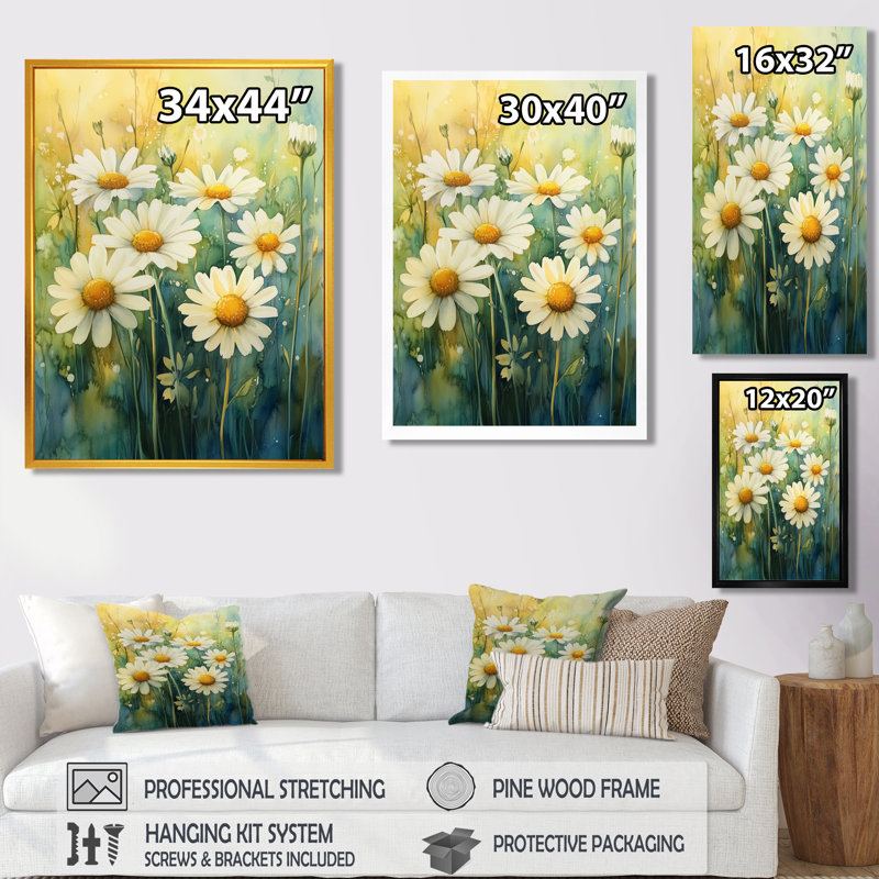 Marguerite d'été blanche et jaune éclatante I - Tableau encadré de marguerites, H 20 po x l 12 po, White Picture Framed