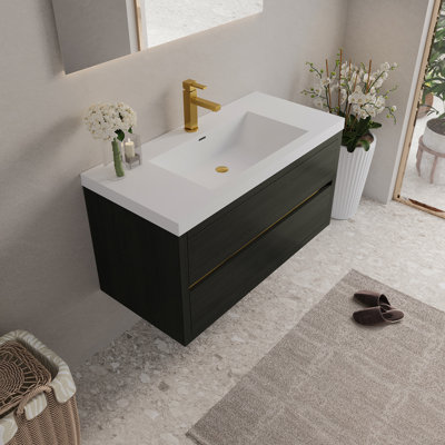 Meuble-lavabo mural de 42 po avec lavabo, meuble de rangement flottant pour salle de bain avec comptoir en résine de pierre et tiroirs à fermeture en douceur, bois espresso 24V15-42EW-W1920P414544