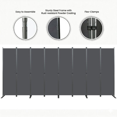 Paravent 8 panneaux - l 159 po x H 71 po pour espace intérieur, structure métallique robuste et cloison autoportante en tissu de polyester pour la chambre à coucher, le bureau et le salon - noir et gris