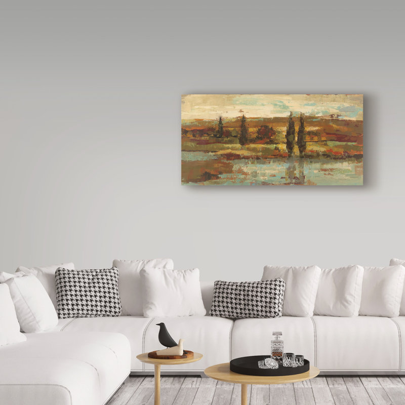 «Hot Day by the River», reproduction de peinture acrylique sur toile tendue en brun clair / brun / jaune / vert