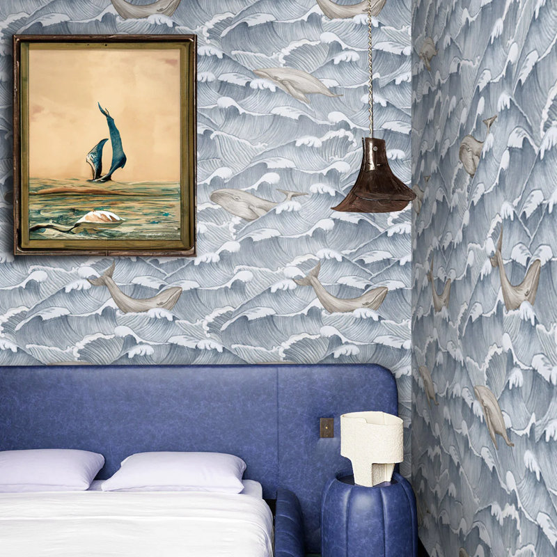 Papier peint bleu avec vagues et baleines