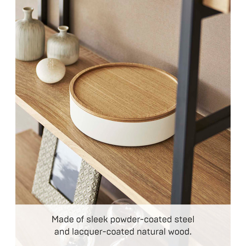 White Steel and Wood Short Storage Bin with Lid