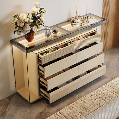 47.24″ Italian Light Luxury Beige Jewellery Cabinet, Tempered Glass Top with LED Light